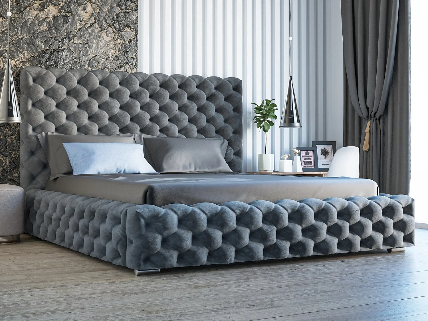 Gestoffeerd bed Heaven 140x200 donkergrijs - opbergruimte voor beddengoed, houten lattenbodem, doorgestikt hoofdbord en bedframe