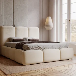 Gestoffeerd bed Bubble 140×200 beige – opbergruimte voor beddengoed, houten lattenbodem, doorgestikt hoofdbord en bedframe