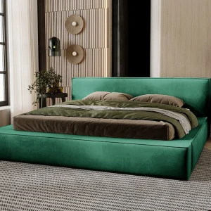 Gestoffeerd bed Mali 180×200 groen – opbergruimte voor beddengoed, houten lattenbodem, doorgestikt hoofdbord en bedframe