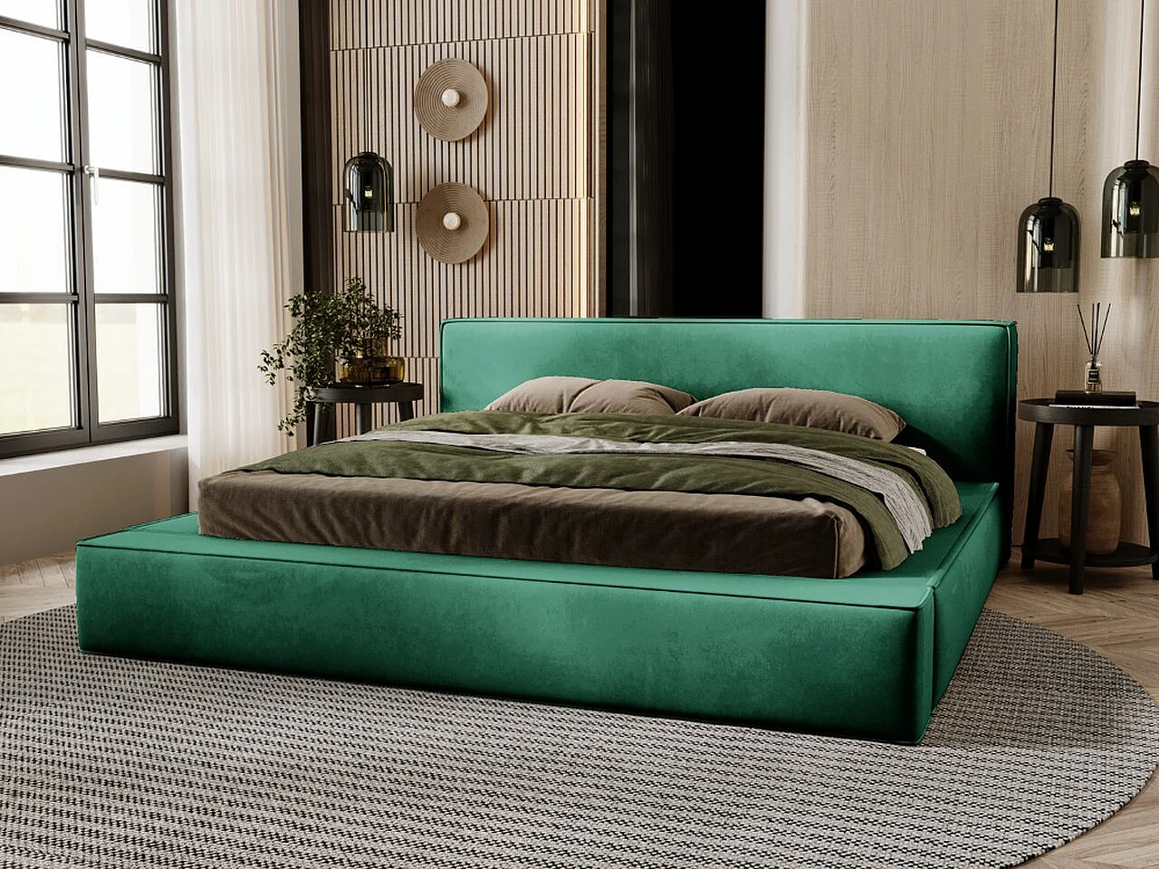 Gestoffeerd bed Mali 180x200 groen - opbergruimte voor beddengoed, houten lattenbodem, doorgestikt hoofdbord en bedframe