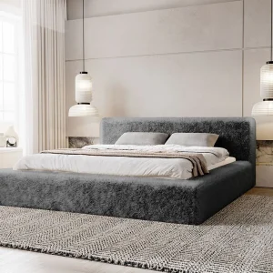 Gestoffeerd bed Enjoy 180×200 grijs – opbergruimte voor beddengoed, houten lattenbodem, doorgestikt hoofdbord en bedframe