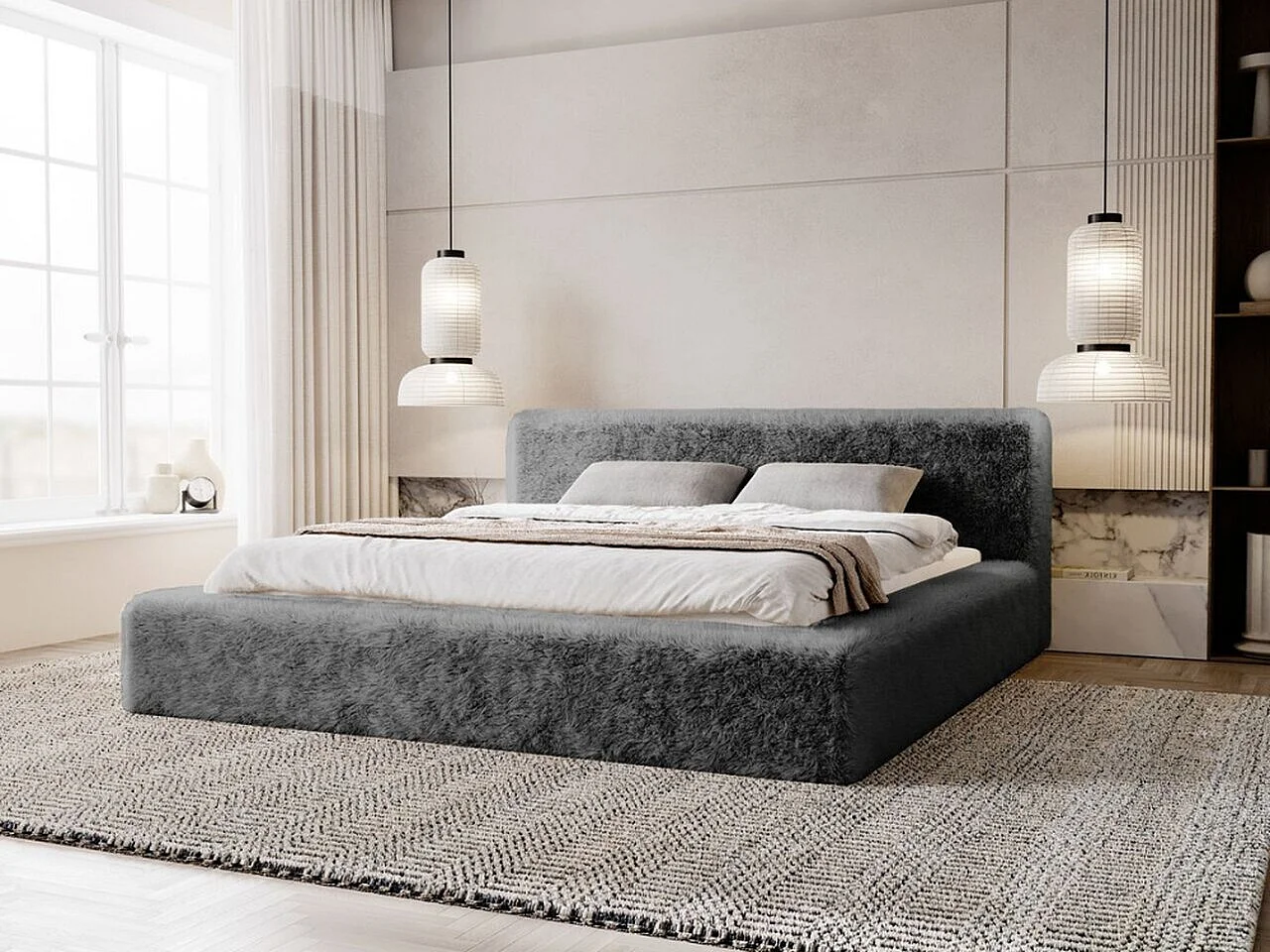 Gestoffeerd bed Enjoy 180x200 grijs - opbergruimte voor beddengoed, houten lattenbodem, doorgestikt hoofdbord en bedframe