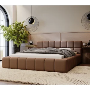 Gestoffeerd bed Alicante 140×200 bruin – opbergruimte voor beddengoed, houten lattenbodem, doorgestikt hoofdbord en bedframe.