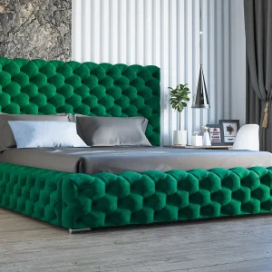 Gestoffeerd bed Heaven 180×200 groen – opbergruimte voor beddengoed, houten lattenbodem, doorgestikt hoofdbord en bedframe
