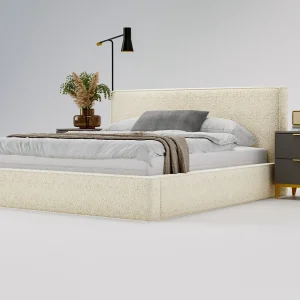 Gestoffeerd bed Monaco bouclé stof 180×200 beige – opbergruimte voor beddengoed, houten lattenbodem, doorgestikt hoofdbord en bedframe