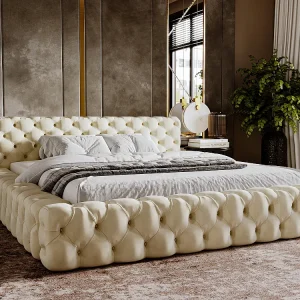 Gestoffeerd bed Palini 160×200 beige – opbergruimte voor beddengoed, houten lattenbodem, doorgestikt hoofdbord en bedframe