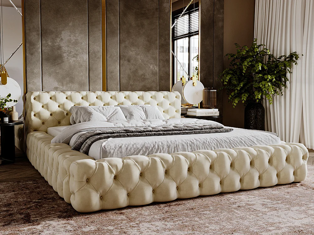 Gestoffeerd bed Palini 160x200 beige - opbergruimte voor beddengoed, houten lattenbodem, doorgestikt hoofdbord en bedframe
