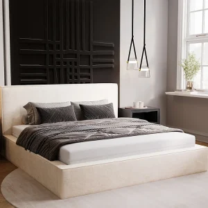 Gestoffeerd bed Monaco 120×200 crème – opbergruimte voor beddengoed, houten lattenbodem, doorgestikt hoofdbord en bedframe Gestoffeerd bed Monaco 120×200 crème – opbergruimte voor beddengoed, houten lattenbodem, doorgestikt hoofdbord en bedframe