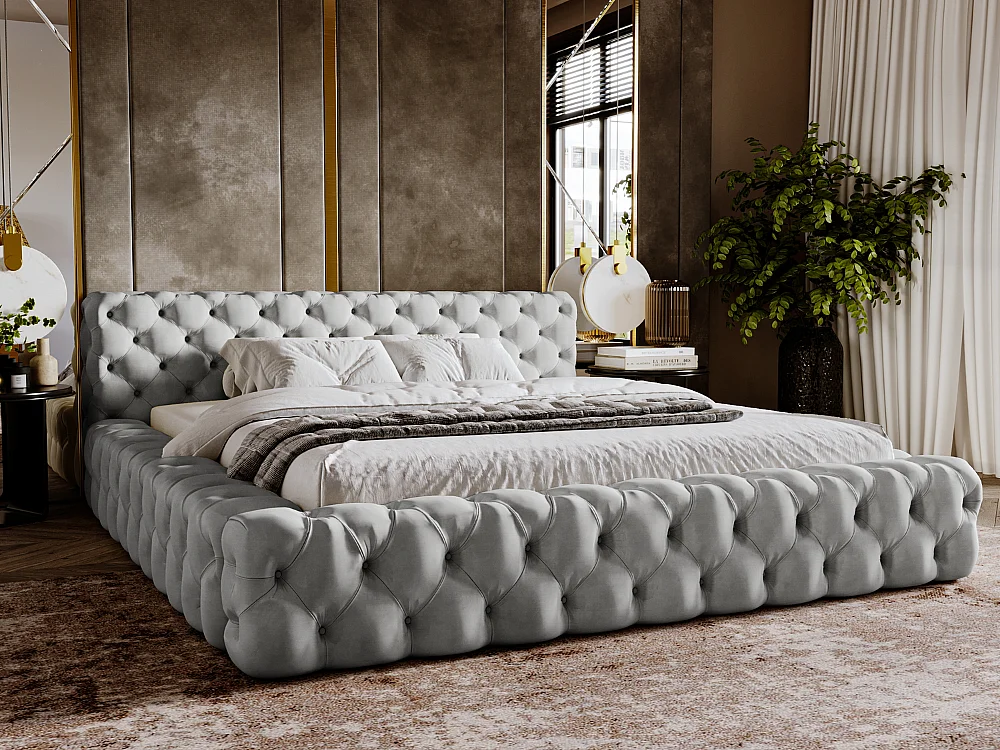 Gestoffeerd bed Palini 160x200 grijs - opbergruimte voor beddengoed, houten lattenbodem, doorgestikt hoofdbord en bedframe