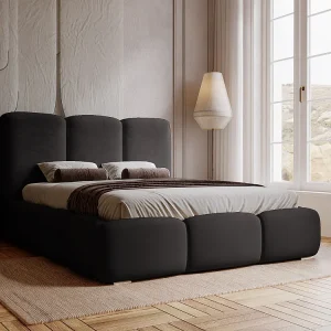 Gestoffeerd bed Bubble 180×200 zwart – opbergruimte voor beddengoed, houten lattenbodem, doorgestikt hoofdbord en bedframe