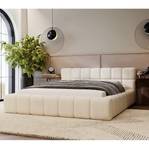 Gestoffeerd bed Alicante 120×200 crème – opbergruimte voor beddengoed, houten lattenbodem, doorgestikt hoofdbord en bedframe.