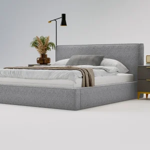 Gestoffeerd bed Monaco bouclé stof 200×200 grijs – opbergruimte voor beddengoed, houten lattenbodem, doorgestikt hoofdbord en bedframe