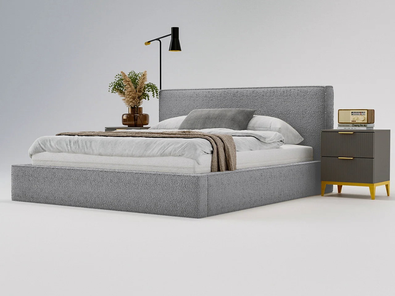 Gestoffeerd bed Monaco bouclé stof 200x200 grijs - opbergruimte voor beddengoed, houten lattenbodem, doorgestikt hoofdbord en bedframe