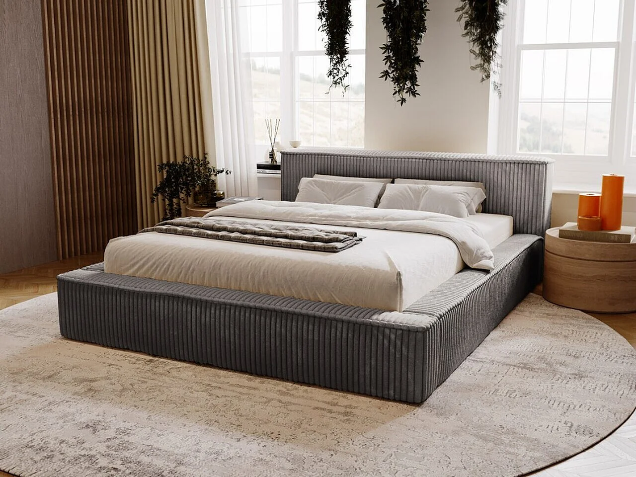 Gestoffeerd bed Lago 180x200 grijs - opbergruimte voor beddengoed, houten lattenbodem, doorgestikt hoofdbord en bedframe
