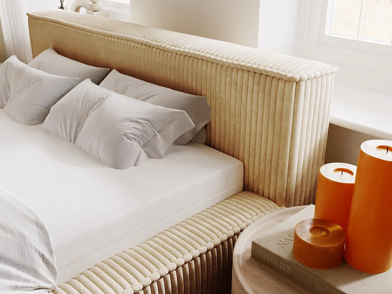 Gestoffeerd bed Lago 140x200 beige - opbergruimte voor beddengoed, houten lattenbodem, doorgestikt hoofdbord en bedframe