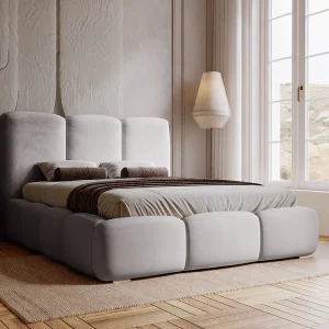 Gestoffeerd bed Bubble 160×200 grijs – opbergruimte voor beddengoed, houten lattenbodem, doorgestikt hoofdbord en bedframe