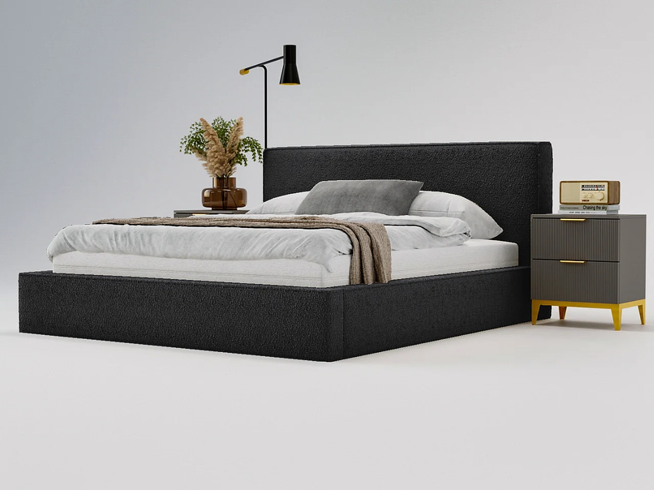 Gestoffeerd bed Monaco bouclé stof 200x200 zwart - opbergruimte voor beddengoed, houten lattenbodem, doorgestikt hoofdbord en bedframe