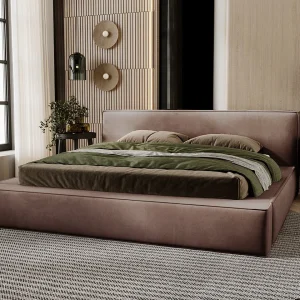 Gestoffeerd bed Mali 180×200 bruin – opbergruimte voor beddengoed, houten lattenbodem, doorgestikt hoofdbord en bedframe