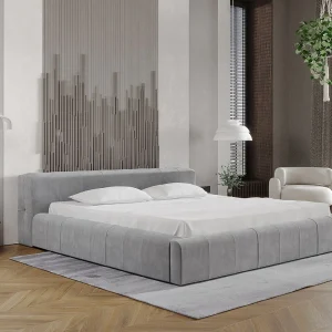 Gestoffeerd bed Lipari 140×200 lichtgrijs – opbergruimte voor beddengoed, houten lattenbodem, doorgestikt hoofdbord en bedframe Gestoffeerd bed Lipari 140×200 lichtgrijs – opbergruimte voor beddengoed, houten lattenbodem, doorgestikt hoofdbord en bedframe