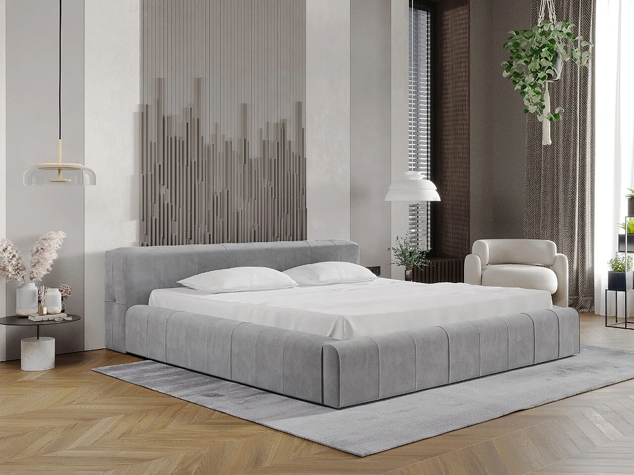 Gestoffeerd bed Lipari 140x200 lichtgrijs - opbergruimte voor beddengoed, houten lattenbodem, doorgestikt hoofdbord en bedframe