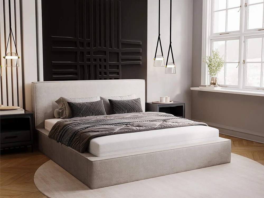 Gestoffeerd bed Monaco 180x200 lichtgrijs - opbergruimte voor beddengoed, houten lattenbodem, doorgestikt hoofdbord en bedframe
