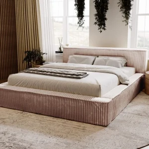 Gestoffeerd bed Lago 180×200 bruin – opbergruimte voor beddengoed, houten lattenbodem, doorgestikt hoofdbord en bedframe