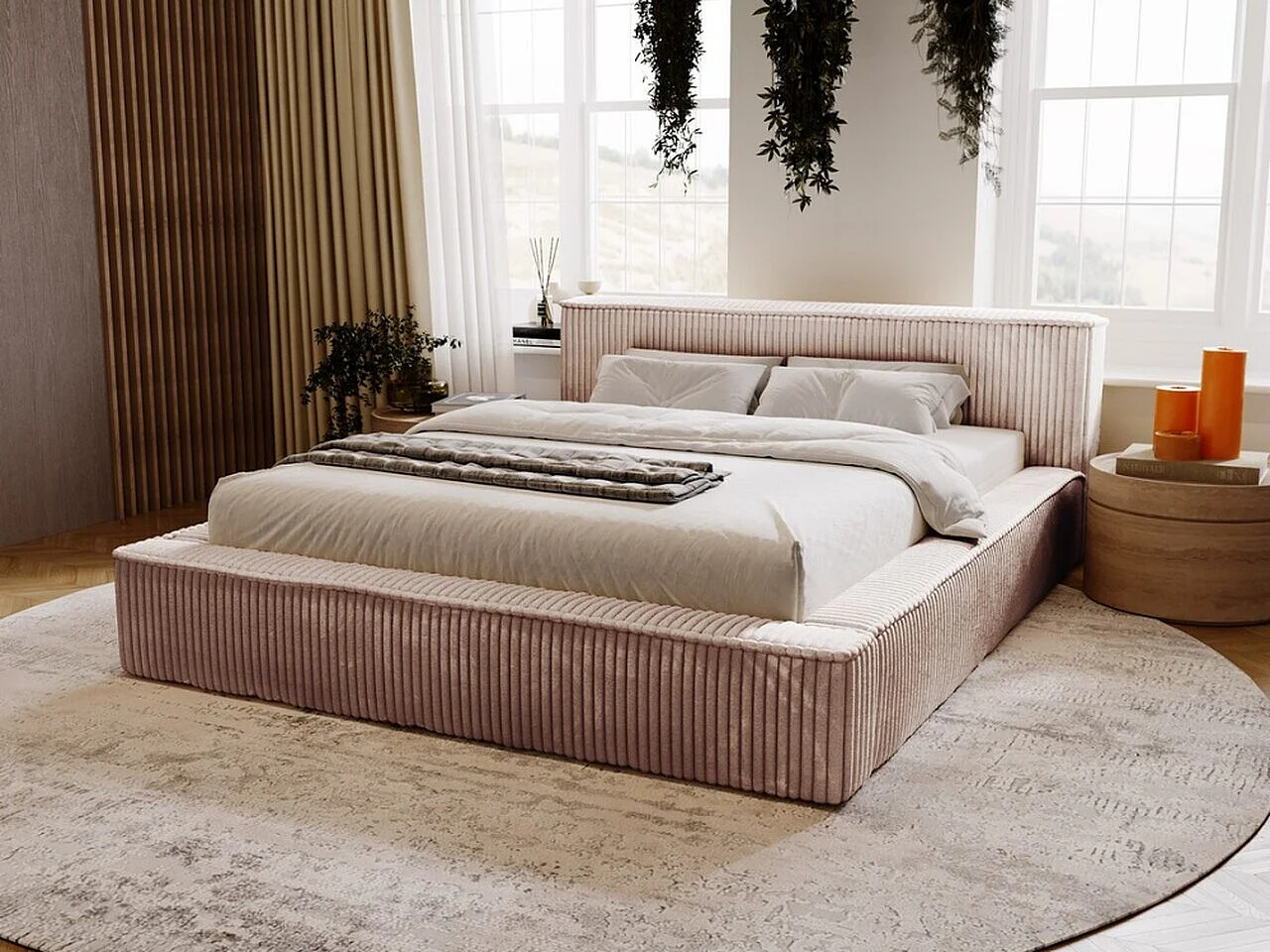 Gestoffeerd bed Lago 180x200 bruin - opbergruimte voor beddengoed, houten lattenbodem, doorgestikt hoofdbord en bedframe