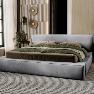 Gestoffeerd bed Mali 180×200 grijs – opbergruimte voor beddengoed, houten lattenbodem, doorgestikt hoofdbord en bedframe