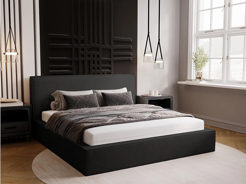 Gestoffeerd bed Monaco 200x200 antracietgrijs - opbergruimte voor beddengoed, houten lattenbodem, doorgestikt hoofdbord en bedframe