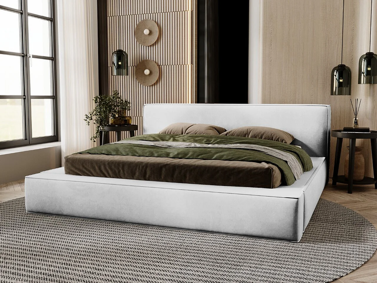 Gestoffeerd bed Mali 140x200 lichtgrijs - opbergruimte voor beddengoed, houten lattenbodem, doorgestikt hoofdbord en bedframe