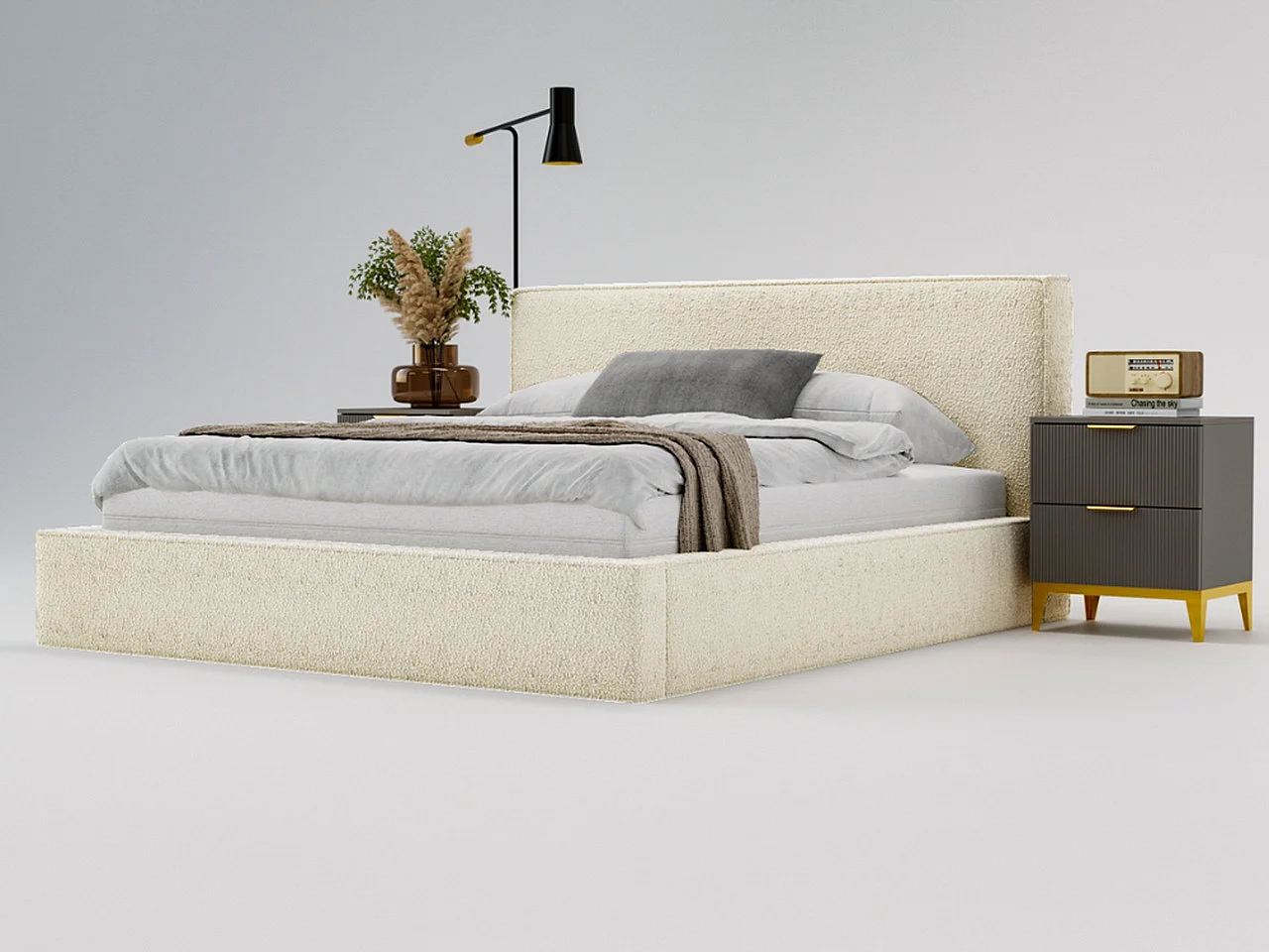 Gestoffeerd bed Monaco bouclé stof 160x200 beige - opbergruimte voor beddengoed, houten lattenbodem, doorgestikt hoofdbord en bedframe