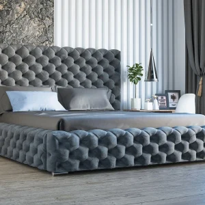 Gestoffeerd bed Heaven 180×200 donkergrijs – opbergruimte voor beddengoed, houten lattenbodem, doorgestikt hoofdbord en bedframe