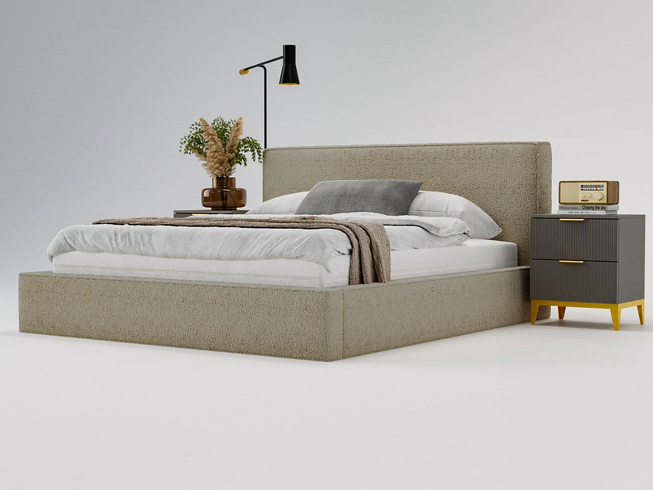 Gestoffeerd bed Monaco bouclé stof 140x200 bruin - opbergruimte voor beddengoed, houten lattenbodem, doorgestikt hoofdbord en bedframe
