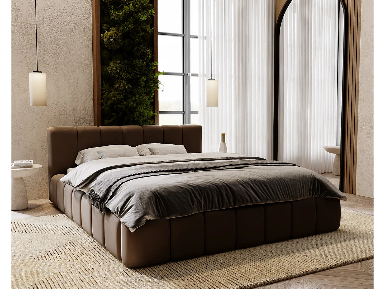 Gestoffeerd bed Split 160x200 bruin - opbergruimte voor beddengoed, houten lattenbodem, doorgestikt hoofdbord en bedframe