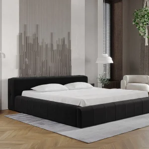 Gestoffeerd bed Lipari 120×200 zwart – opbergruimte voor beddengoed, houten lattenbodem, doorgestikt hoofdbord en bedframe
