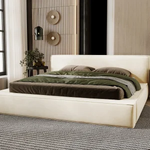 Gestoffeerd bed Mali 180×200 beige – opbergruimte voor beddengoed, houten lattenbodem, doorgestikt hoofdbord en bedframe