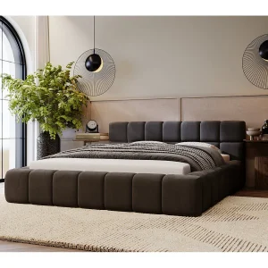 Gestoffeerd bed Alicante 180×200 zwart – opbergruimte voor beddengoed, houten lattenbodem, doorgestikt hoofdbord en bedframe.