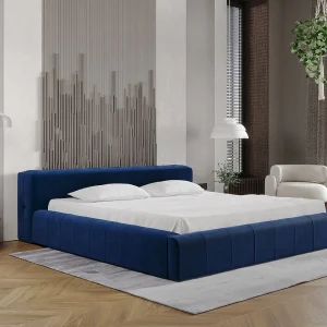 Gestoffeerd bed Lipari 180×200 donkerblauw – opbergruimte voor beddengoed, houten lattenbodem, doorgestikt hoofdbord en bedframe Gestoffeerd bed Lipari 180×200 donkerblauw – opbergruimte voor beddengoed, houten lattenbodem, doorgestikt hoofdbord en bedframe