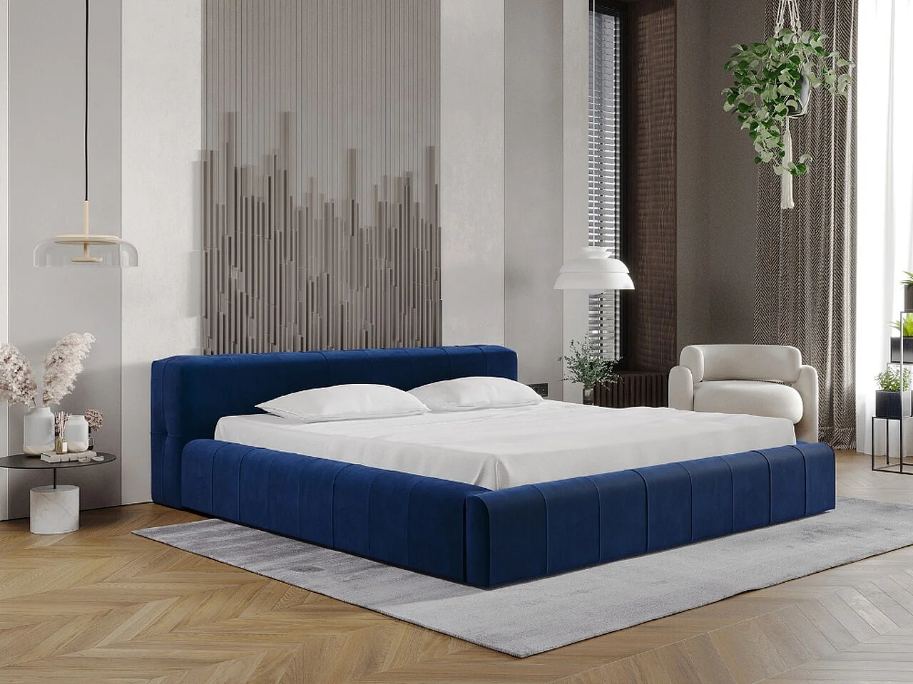 Gestoffeerd bed Lipari 180x200 donkerblauw - opbergruimte voor beddengoed, houten lattenbodem, doorgestikt hoofdbord en bedframe