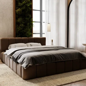 Gestoffeerd bed Split 180×200 bruin – opbergruimte voor beddengoed, houten lattenbodem, doorgestikt hoofdbord en bedframe Gestoffeerd bed Split 180×200 bruin – opbergruimte voor beddengoed, houten lattenbodem, doorgestikt hoofdbord en bedframe