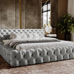 Gestoffeerd bed Palini 180×200 grijs – opbergruimte voor beddengoed, houten lattenbodem, doorgestikt hoofdbord en bedframe