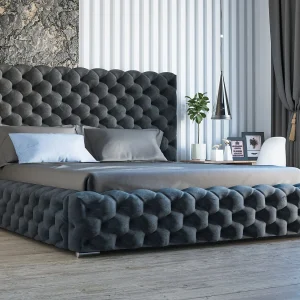 Gestoffeerd bed Heaven 180×200 zwart – opbergruimte voor beddengoed, houten lattenbodem, doorgestikt hoofdbord en bedframe