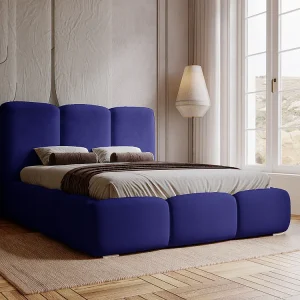 Gestoffeerd bed Bubble 180×200 blauw – opbergruimte voor beddengoed, houten lattenbodem, doorgestikt hoofdbord en bedframe