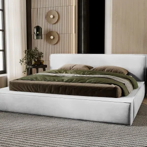 Gestoffeerd bed Mali 180×200 lichtgrijs – opbergruimte voor beddengoed, houten lattenbodem, doorgestikt hoofdbord en bedframe