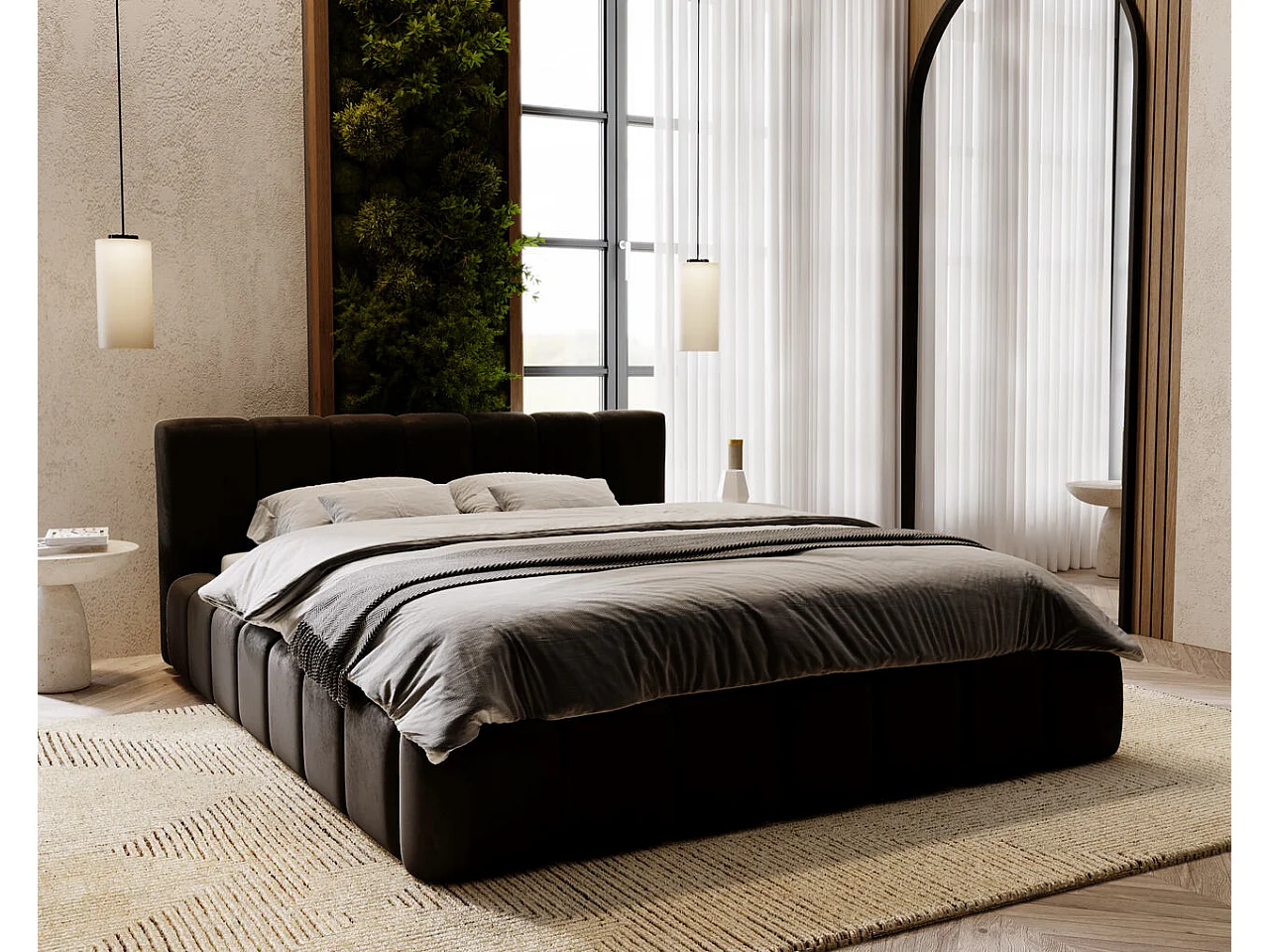 Gestoffeerd bed Split 140x200 zwart - opbergruimte voor beddengoed, houten lattenbodem, doorgestikt hoofdbord en bedframe