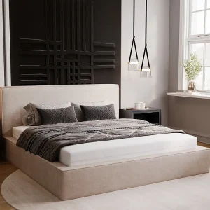 Gestoffeerd bed Monaco 140×200 beige – opbergruimte voor beddengoed, houten lattenbodem, doorgestikt hoofdbord en bedframe Gestoffeerd bed Monaco 140×200 beige – opbergruimte voor beddengoed, houten lattenbodem, doorgestikt hoofdbord en bedframe