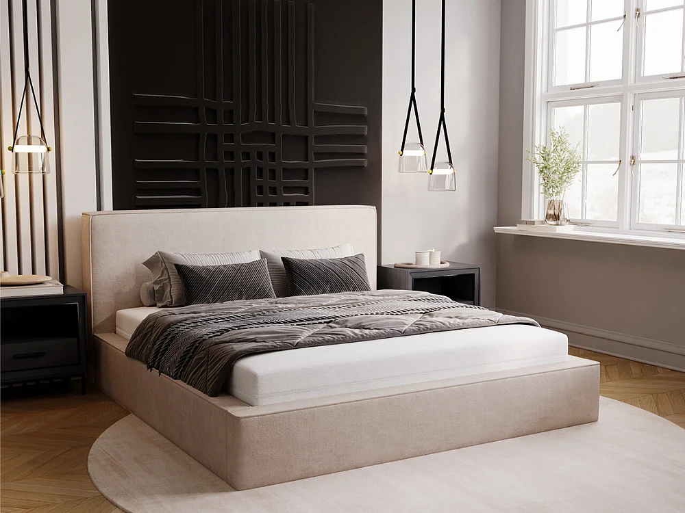 Gestoffeerd bed Monaco 140x200 beige - opbergruimte voor beddengoed, houten lattenbodem, doorgestikt hoofdbord en bedframe