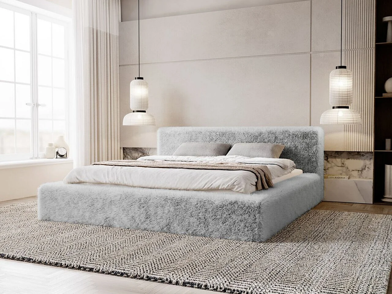 Gestoffeerd bed Enjoy 180x200 lichtgrijs - opbergruimte voor beddengoed, houten lattenbodem, doorgestikt hoofdbord en bedframe