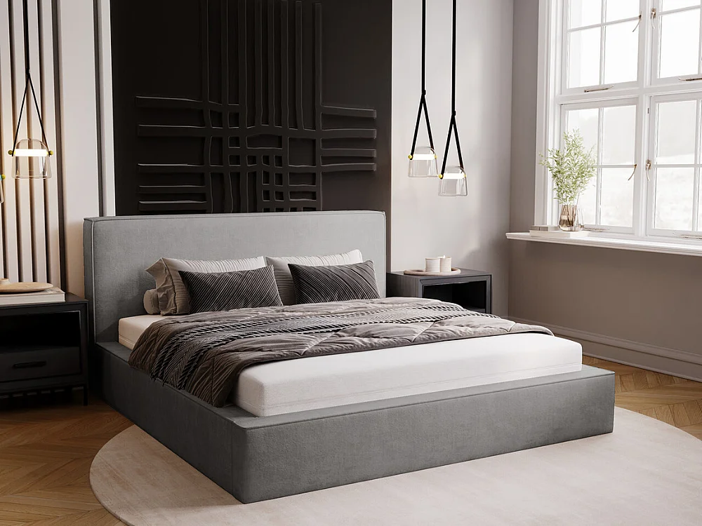Gestoffeerd bed Monaco 120x200 grijs - opbergruimte voor beddengoed, houten lattenbodem, doorgestikt hoofdbord en bedframe