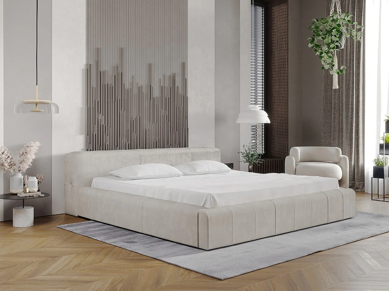 Gestoffeerd bed Lipari 180x200 beige - opbergruimte voor beddengoed, houten lattenbodem, doorgestikt hoofdbord en bedframe